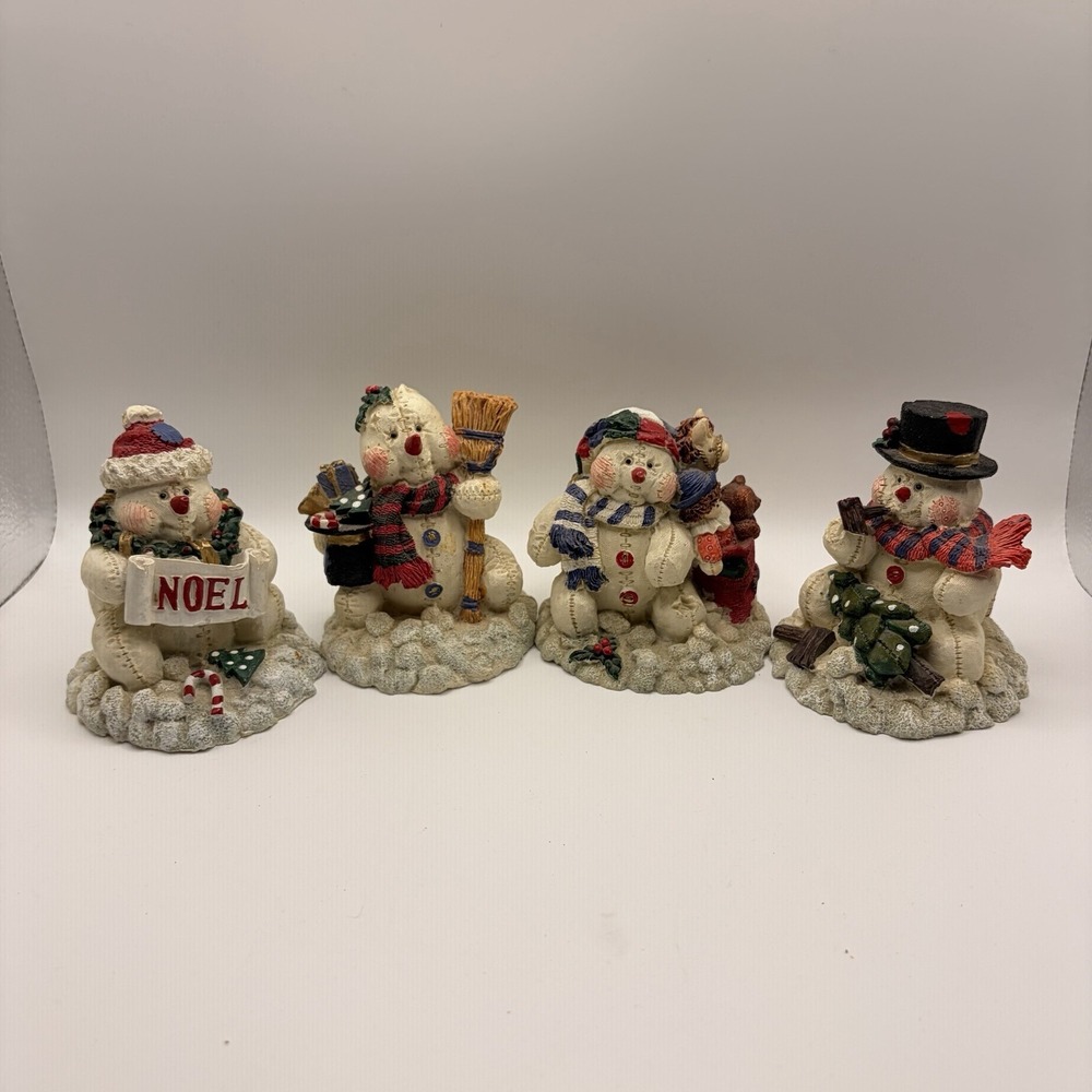Snowman Figurines Lot 4 Patchwork Folk Art Christmas Winter Resin Decor